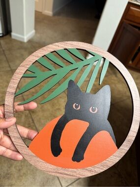 Black Cat Wall Art with Orange Pumpkin and Green Leaf